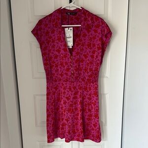 Zara Pink and Red Floral Mini Dress